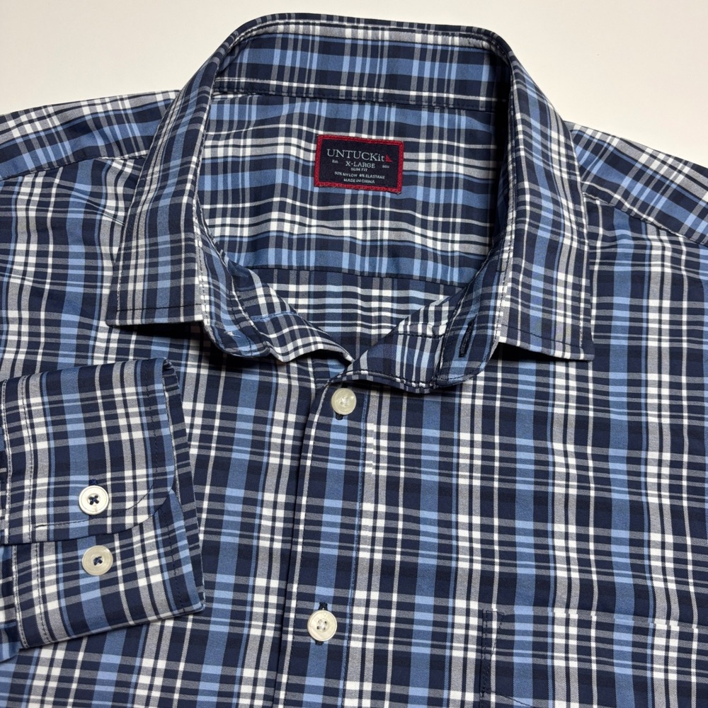 UNTUCKit Montecarlo Slim Fit Performance Mens XL Blue White Plaid Button Down